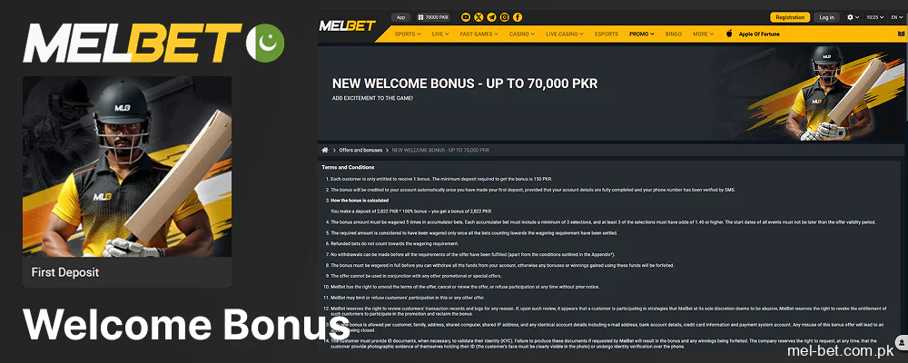 Welcome bonus details for new users on Melbet PK